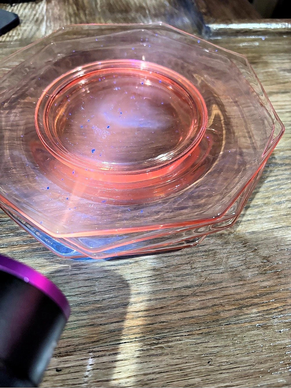 VTG-Pink Depression Glass Octagonal Serve-ware UV reactive.